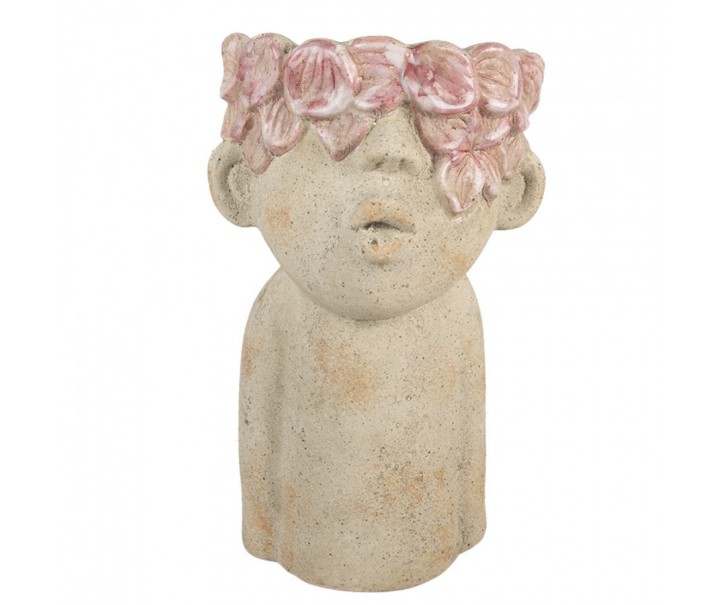 Béžový antik obal na květináč hlava ženy s květy Danaé L - 20*19*31 cm Clayre & Eef