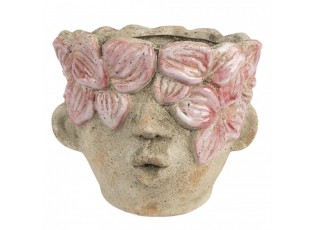 Béžový antik obal na květináč hlava ženy s květy Danaé - Ø 18*15 cm