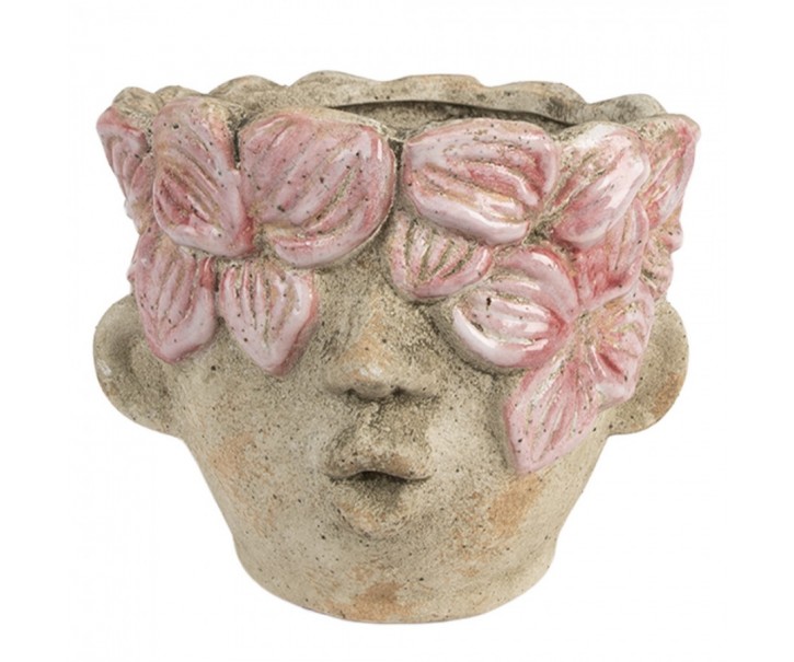 Béžový antik obal na květináč hlava ženy s květy Danaé - Ø 18*15 cm Clayre & Eef
