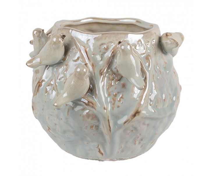 Modrý terakotový obal na květináč s zdobený ptáčky - 22*21*17 cm Clayre & Eef