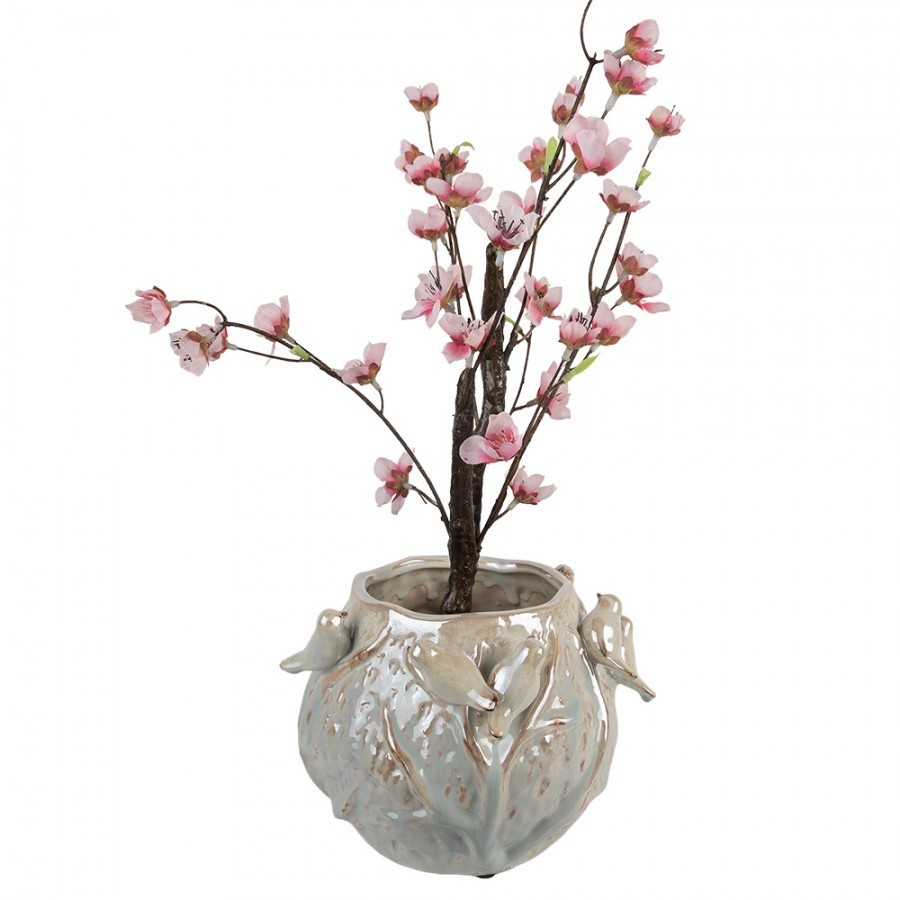Modrý terakotový obal na květináč s zdobený ptáčky - 22*21*17 cm