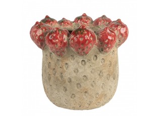 Béžový antik terakotový obal na květináč s jahůdkami L - Ø 19*16 cm