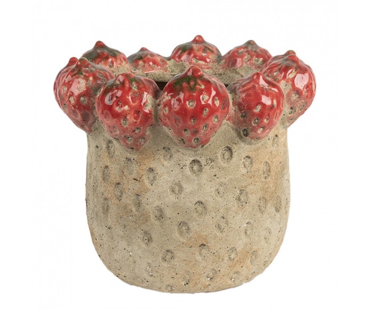 Béžový antik terakotový obal na květináč s jahůdkami L - Ø 19*16 cm Clayre & Eef