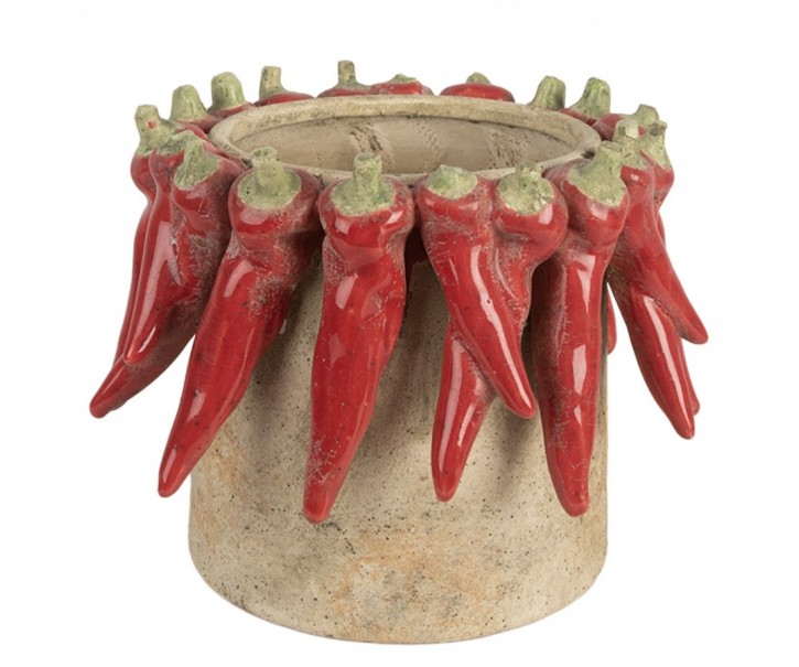 Béžový antik terakotový obal na květináč s papričkami L - Ø 21*17 cm Clayre & Eef