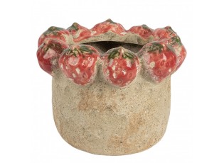 Béžový antik terakotový obal na květináč s jahůdkami - Ø 15*12 cm