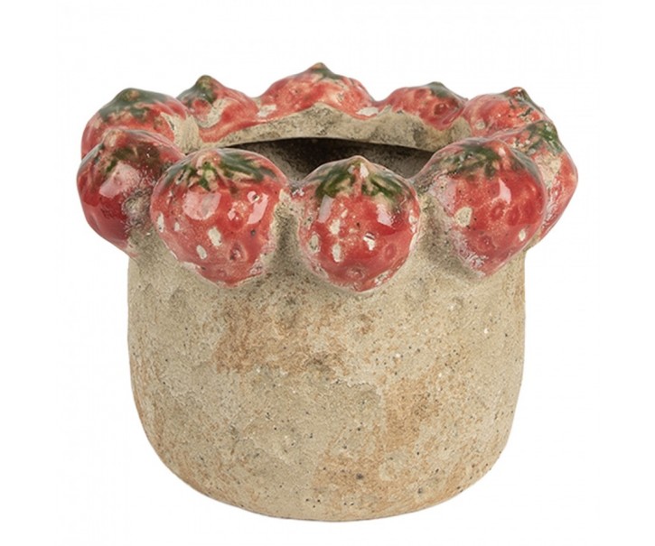 Béžový antik terakotový obal na květináč s jahůdkami - Ø 15*12 cm Clayre & Eef