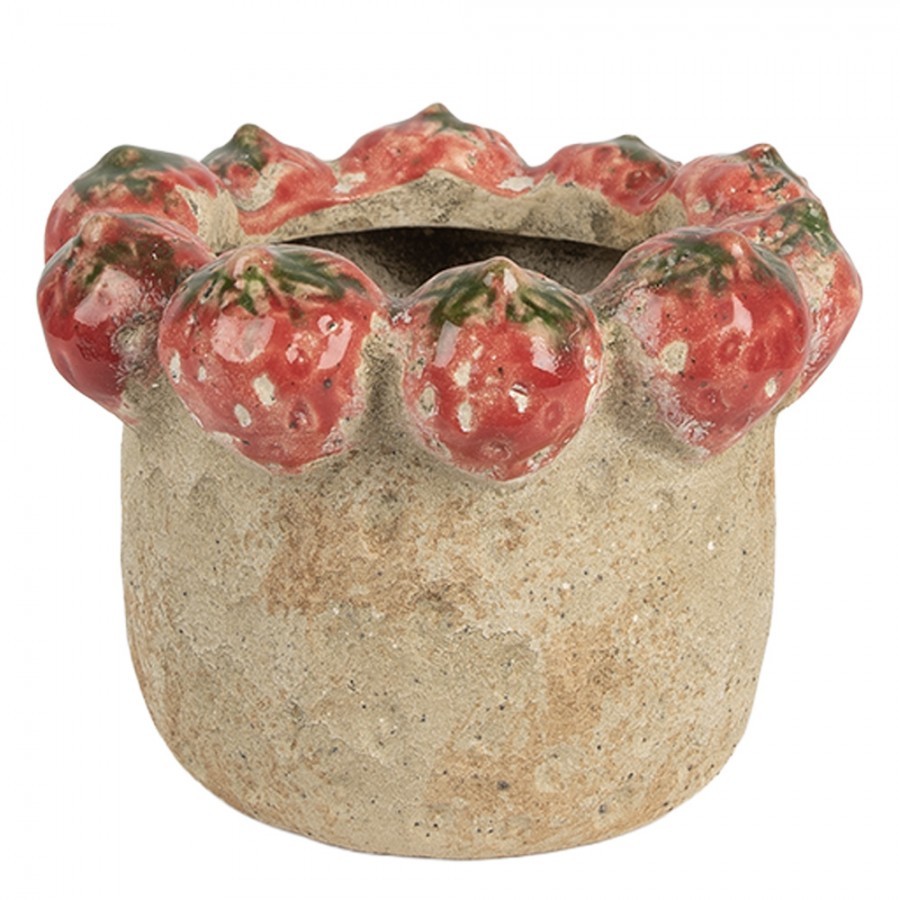 Béžový antik terakotový obal na květináč s jahůdkami - Ø 15*12 cm