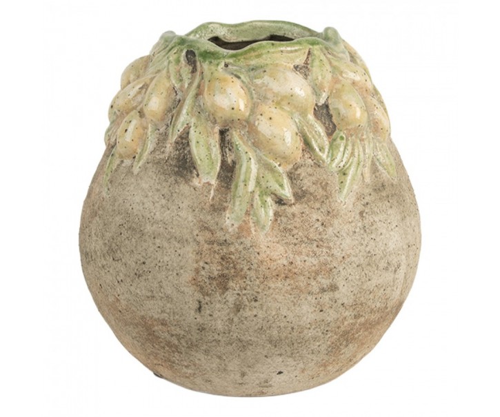 Béžový antik terakotový obal na květináč s olivami Olives - Ø 18*18 cm Clayre & Eef