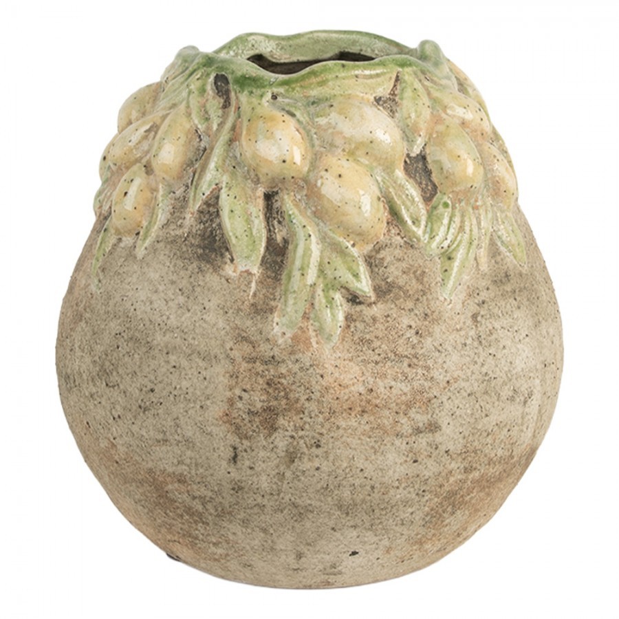 Béžový antik terakotový obal na květináč s olivami Olives - Ø 18*18 cm