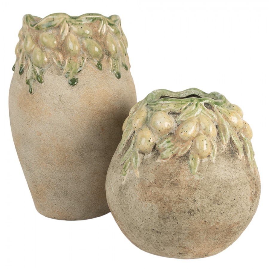 Béžový antik terakotový obal na květináč s olivami Olives - Ø 18*18 cm