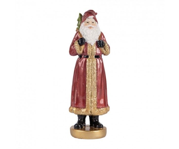 Červená vánoční dekorace Santa v kožichu a pytlem dárků - 6*5*15 cm Clayre & Eef