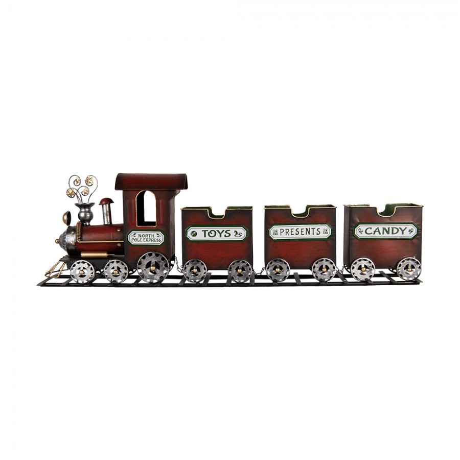 Červená kovová dekorace vláček na kolejích Christmas Train - 95*19*28 cm