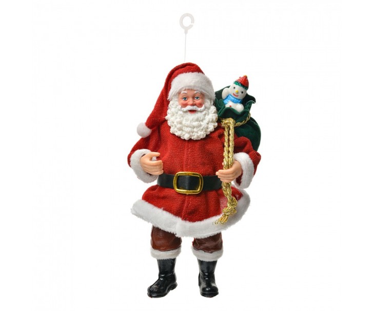 Červená závěsná vánoční dekorace Santa Claus držící pytel - 10*6*17 cm Clayre & Eef