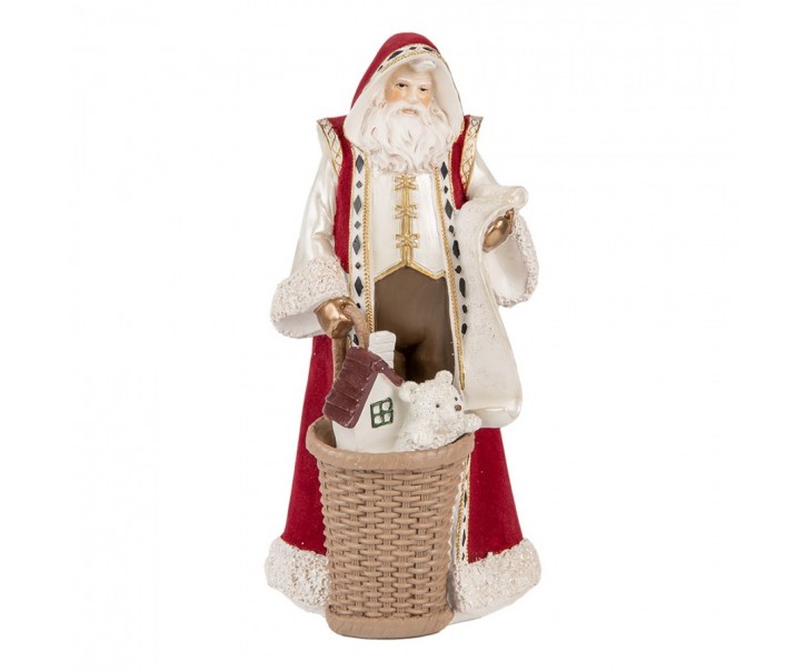 Červená dekorace Santa v kožichu a nůší s dárky - 15*14*29 cm Clayre & Eef