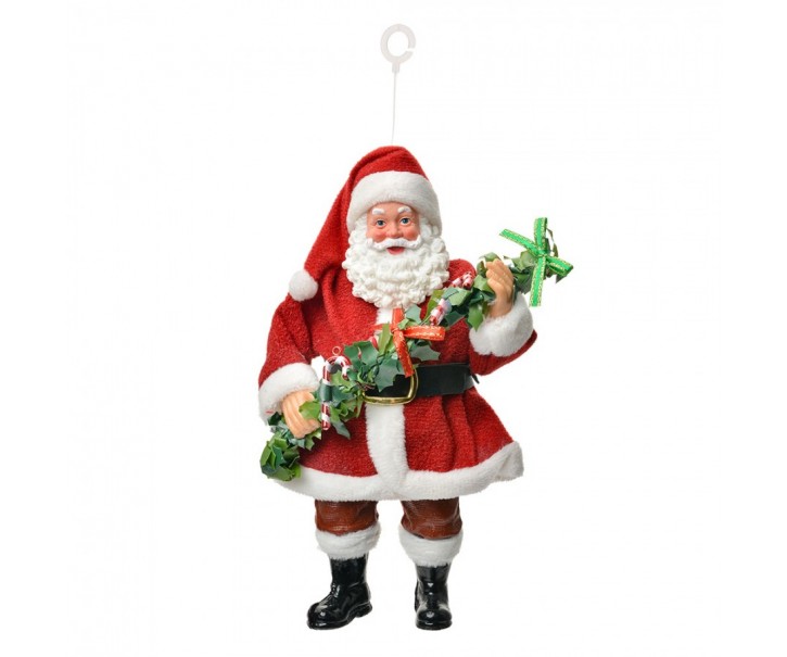 Červená závěsná vánoční dekorace Santa Claus držící girlandu - 10*6*17 cm Clayre & Eef