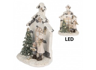 Vánoční dekorace děti před domem u stromečku s led světýlky - 16*9*21 cm