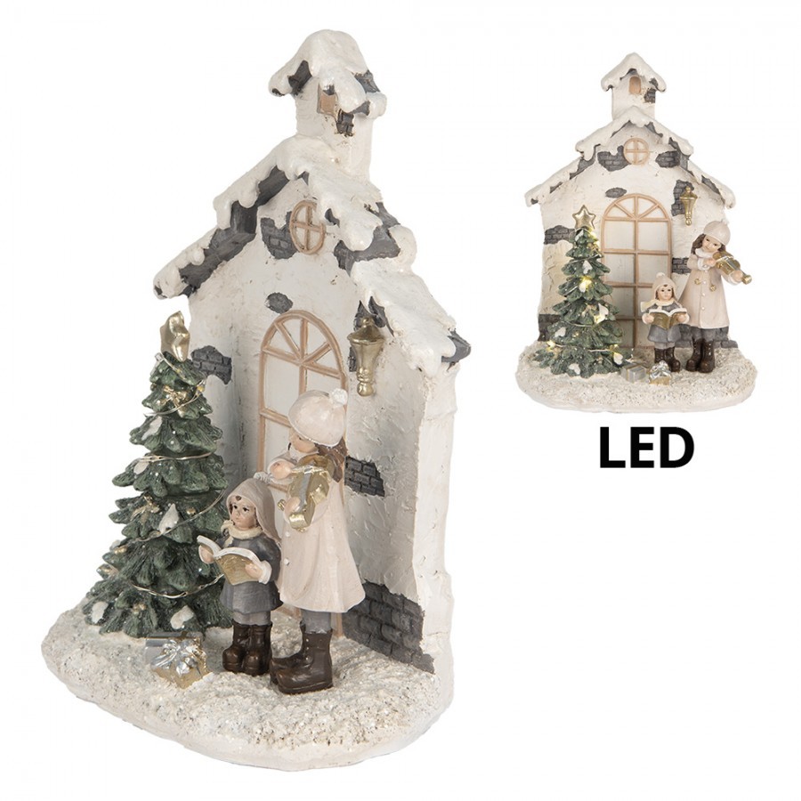 Vánoční dekorace děti před domem u stromečku s led světýlky - 16*9*21 cm