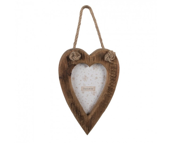 Hnědý dřevěný závěsný fotorámeček ve tvaru srdce - 15*2*23 cm / 10*15 cm Clayre & Eef