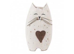 Bílá antik dřevěná dekorace kočička se srdíčkem Rustic Cat L - 8*6*14 cm