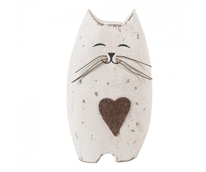 Bílá antik dřevěná dekorace kočička Rustic Cat L - 8*6*14 cm Clayre & Eef