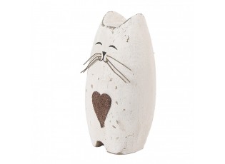 Bílá antik dřevěná dekorace kočička se srdíčkem Rustic Cat L - 8*6*14 cm