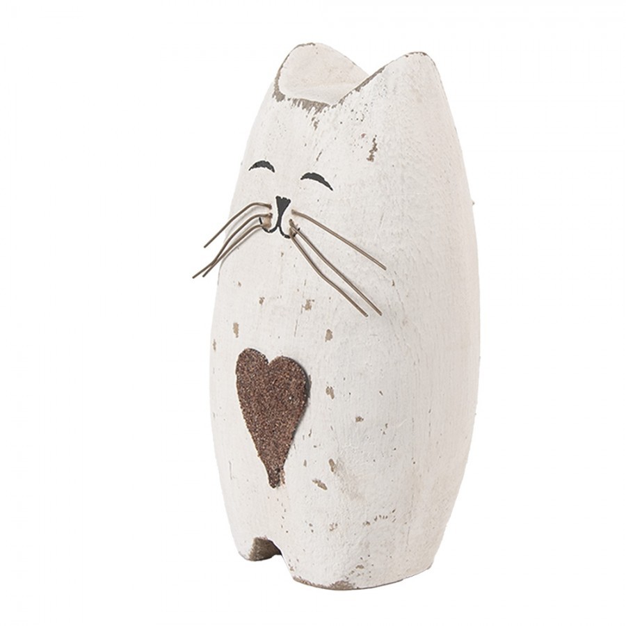 Bílá antik dřevěná dekorace kočička Rustic Cat L - 8*6*14 cm