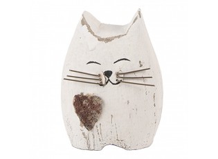 Bílá antik dřevěná dekorace kočička se srdíčkem Rustic Cat S - 6*4*7 cm