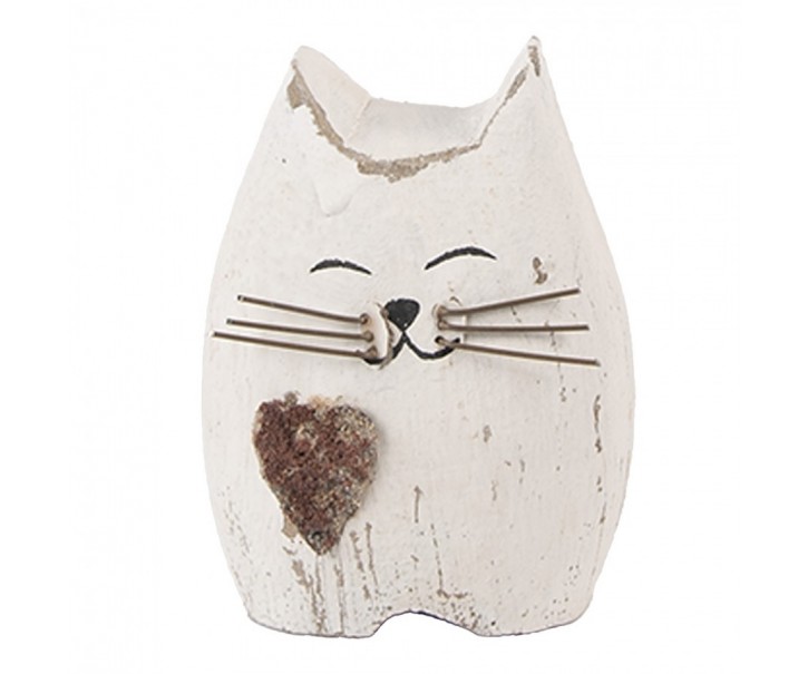 Bílá antik dřevěná dekorace kočička se srdíčkem Rustic Cat S - 6*4*7 cm Clayre & Eef