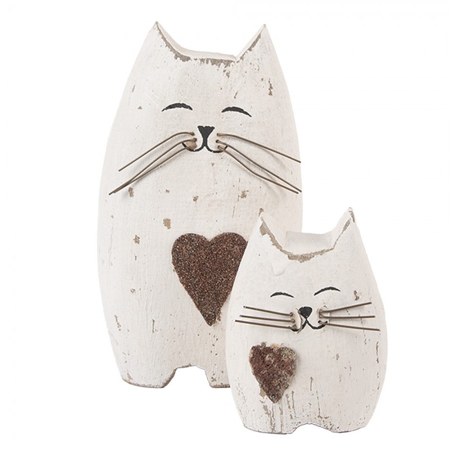 Bílá antik dřevěná dekorace kočička se srdíčkem Rustic Cat S - 6*4*7 cm