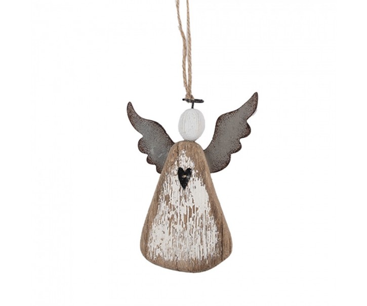 Závěsná dřevěná figurka anděl se srdíčkem Angel Rustic - 9*2*13 cm Clayre & Eef