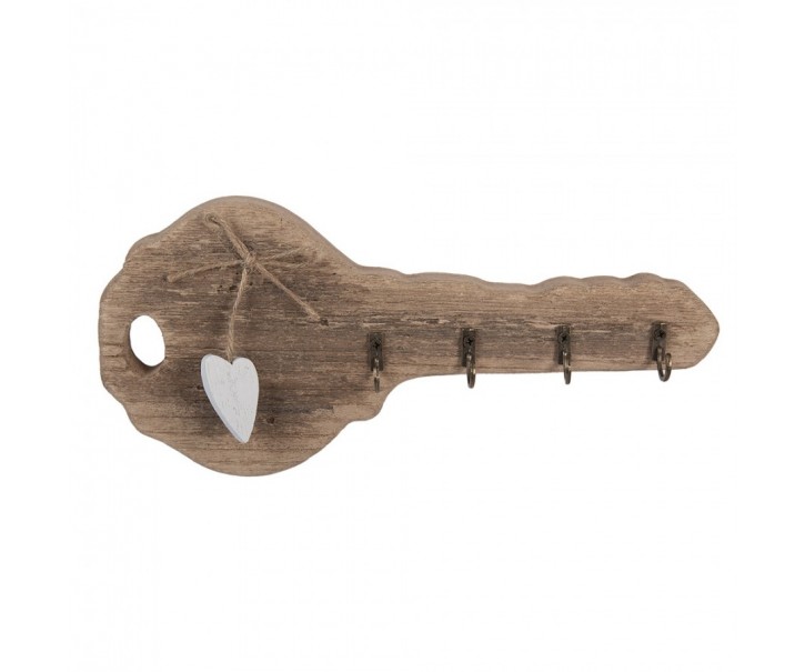 Hnědý dřevěný nástěnný věšák na klíče ve tvaru klíče - 30*4*14 cm Clayre & Eef