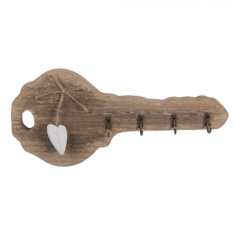 Hnědý dřevěný nástěnný věšák na klíče ve tvaru klíče - 30*4*14 cm