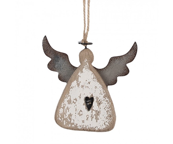 Závěsná dřevěná figurka anděl se srdíčkem Angel Rustic - 10*2*10 cm Clayre & Eef