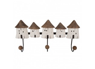 Nástěnný věšák se 3-mi háčky a dřevěnými domečky Rustic - 38*8*19 cm