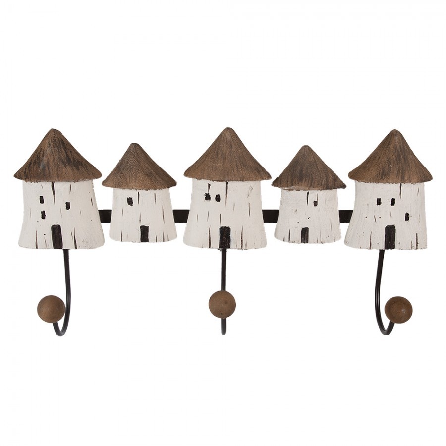 Nástěnný věšák se 3-mi háčky a dřevěnými domečky Rustic - 38*8*19 cm