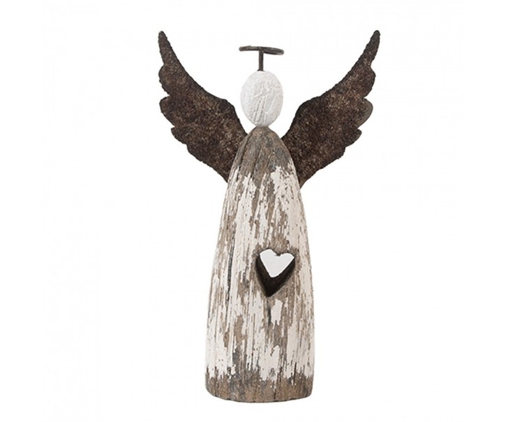 Dekorace dřevěná figurka anděl se srdíčkem Angel Rustic S - 7*3*12 cm Clayre & Eef