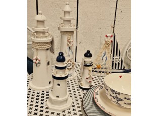 Bílo-modrá dřevěná dekorace maják Lighthouse Nautic - Ø 6*15 cm