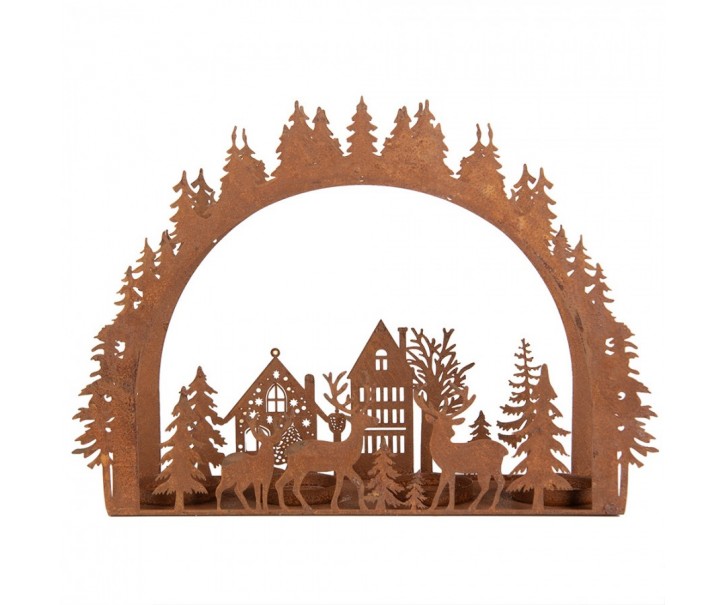 Rezavý kovový vánoční svícen na 4 čajové svíčky Brocante rust - 32*9*23 cm Clayre & Eef