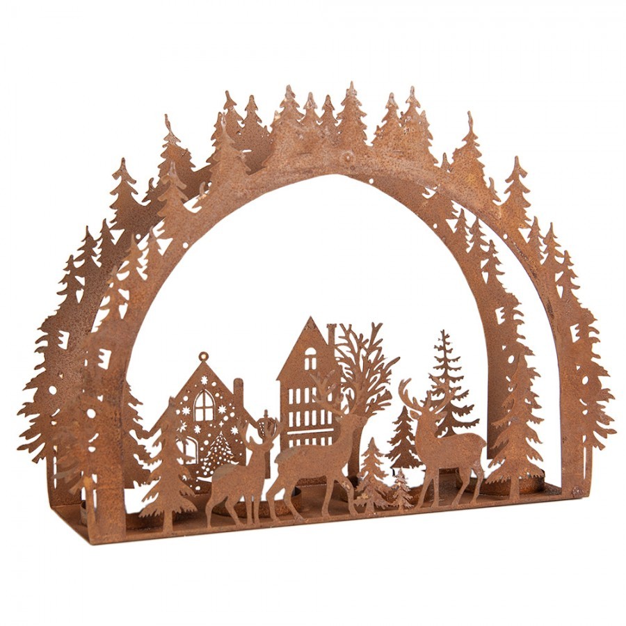 Rezavý kovový vánoční svícen na 4 čajové svíčky Brocante rust - 32*9*23 cm