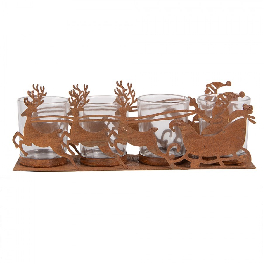 Rezavý kovový vánoční svícen Santa se spřežěním Brocante rust - 25*8*8 cm