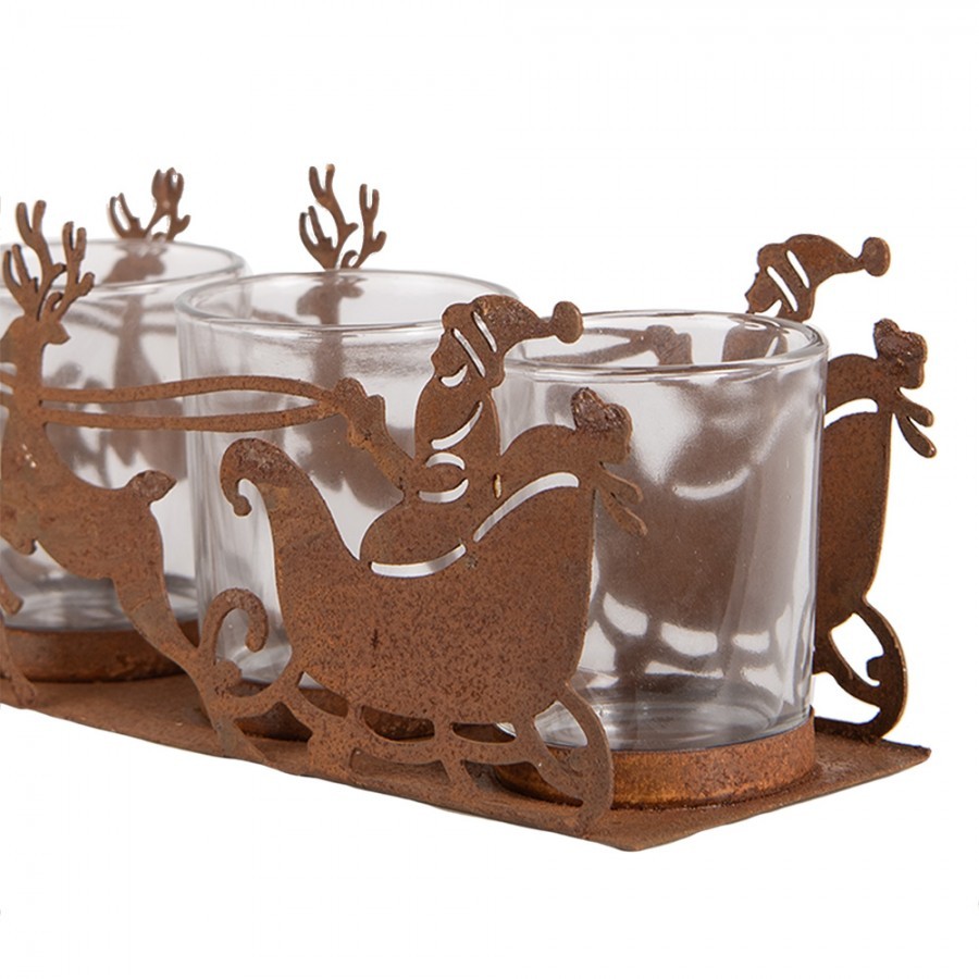 Rezavý kovový vánoční svícen Santa se spřežěním Brocante rust - 25*8*8 cm