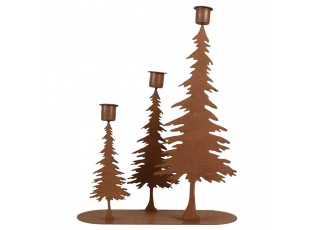 Rezavý kovový vánoční svícen se stromky na úzké svíčky - 14*14*26 cm