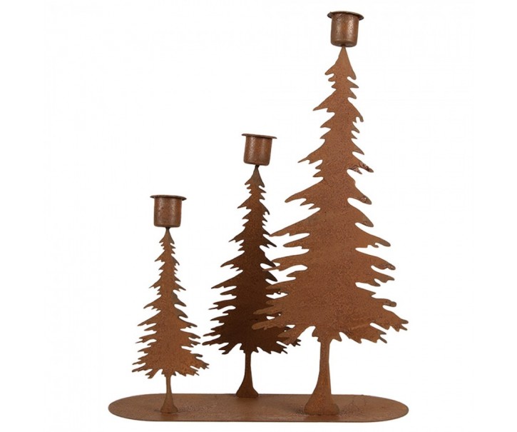 Rezavý kovový vánoční svícen se stromky na úzké svíčky - 14*14*26 cm Clayre & Eef