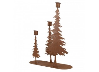 Rezavý kovový vánoční svícen se stromky na úzké svíčky - 14*14*26 cm
