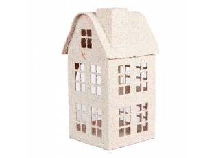 Béžový antik kovový svícen domek s pískovaným povrchem Vintage House - 14*14*26 cm