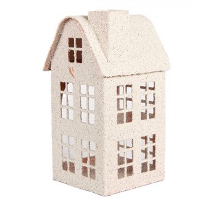 Béžový antik kovový svícen domek Vintage House - 14*14*26 cm