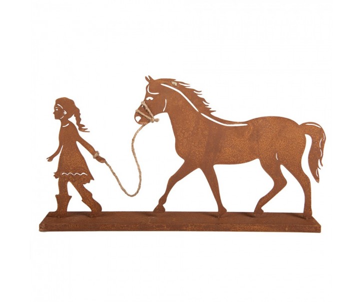 Rezavá kovová dekorace dívka s koněm Brocante rust - 42*7*22 cm Clayre & Eef