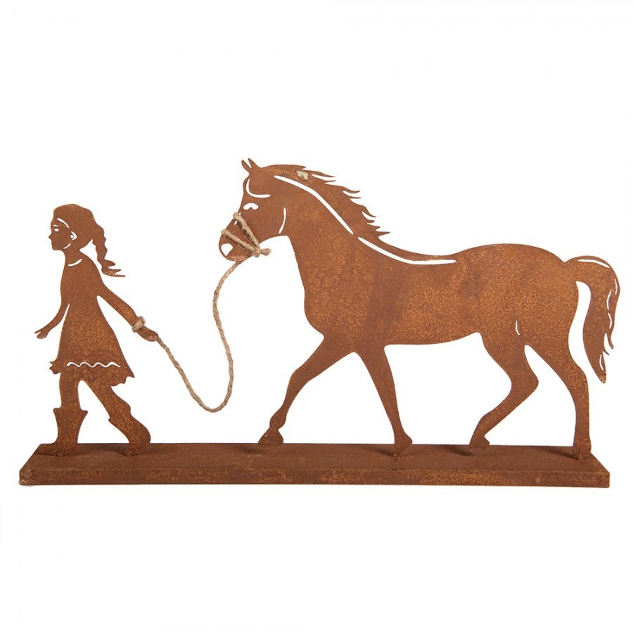 Rezavá kovová dekorace dívka s koněm Brocante rust - 42*7*22 cm