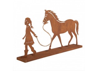 Rezavá kovová dekorace dívka s koněm Brocante rust - 42*7*22 cm
