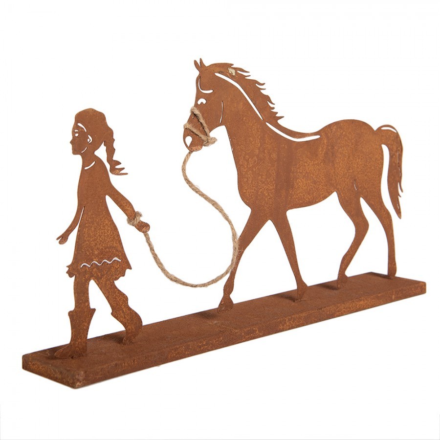 Rezavá kovová dekorace dívka s koněm Brocante rust - 42*7*22 cm
